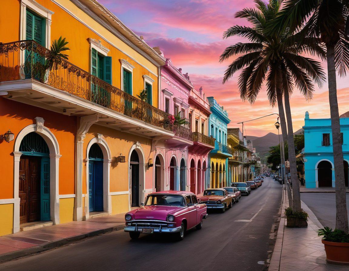 A vibrant street scene in Santiago de Cuba showcasing colorful colonial buildings, locals enjoying traditional cuisine at an outdoor café, lively street festivals with music and dancing in the background, palm trees swaying gently, and a beautiful sunset casting warm hues over the city. super-realistic. vibrant colors. 3D.
