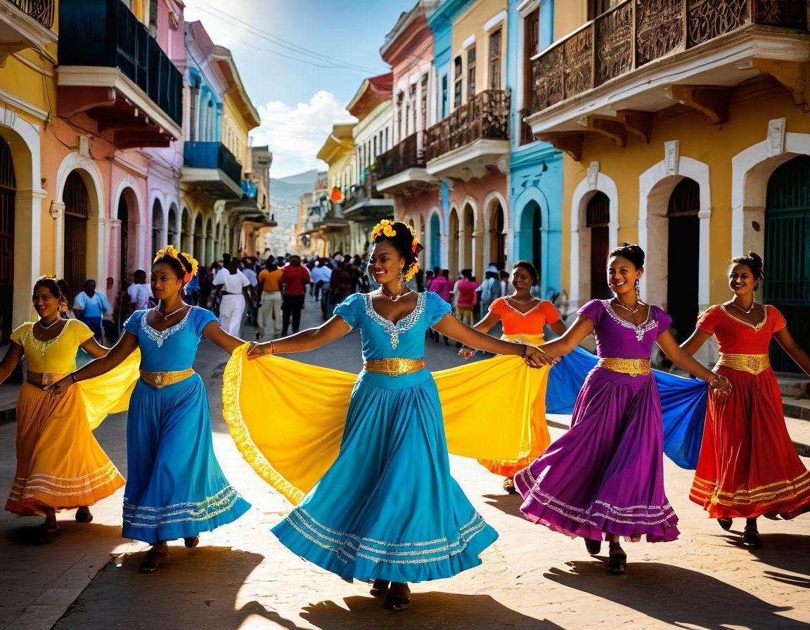 A vibrant street scene in Santiago de Cuba, showcasing lively music, traditional dancers in colorful costumes, and a backdrop of colonial architecture. Include local artisans crafting handmade goods and lively expressions of Cuban culture. Capture the essence of the community spirit with warm sunlight illuminating the streets. A blend of rich cultural elements and historical landmarks, creating an inviting atmosphere. super-realistic. vibrant colors. 3D.