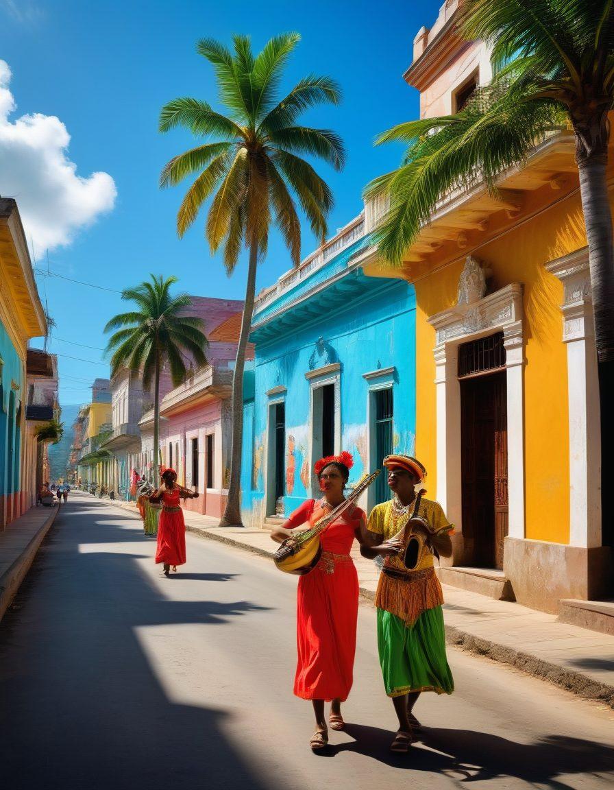 A lively street scene in Santiago, Cuba, showcasing colorful colonial buildings adorned with traditional Cuban decorations. Local musicians playing vibrant instruments, people dancing in traditional attire, and a backdrop of lush palm trees and a blue sky. Include elements like hand-painted murals and the iconic Santiago de Cuba fortress in the distance. super-realistic. vibrant colors. 3D.